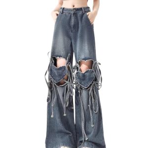 Love Knot Heart-Shaped Denim Pants - Y2K Aesthetic Cute Bottoms for Trendy Outfits