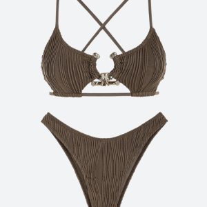 Metal Hardware Criss Cross Bikini Set - Y2K Aesthetic Swimwear for Trendy Summer Vibes