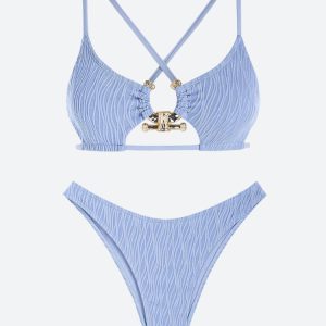 Metal Hardware Criss Cross Bikini Set - Y2K Aesthetic Swimwear for Trendy Summer Vibes