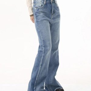 Mid Rise Raw Edge Slim Flare Jeans - Y2K Aesthetic Denim for Trendy Outfits