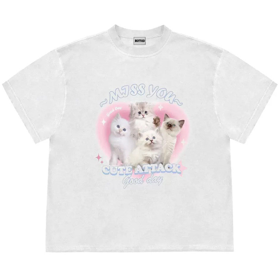 Miss You Cat Attack Y2K Graphic Tee - Cute Aesthetic Top for Cat Lovers