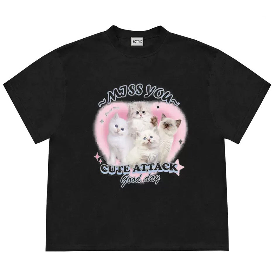 Miss You Cat Attack Y2K Graphic Tee - Cute Aesthetic Top for Cat Lovers