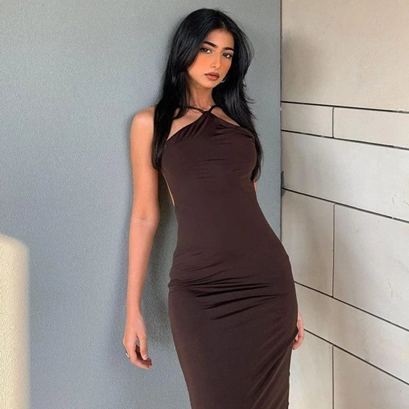 Mocha Backless Midi Dress - Y2K Fashion Inspired Elegant Evening Wear