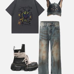 Mud Dyeing Print Y2K Jeans - Trendy Grunge Aesthetic Denim for Unique Style