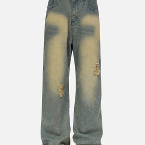 Mud Dyeing Y2K Loose Jeans - Trendy Grunge Aesthetic Denim for Effortless Style