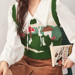 Mushroom Aesthetic Knit Vest - Y2K Style Cozy Layering Piece for Cute Outfits