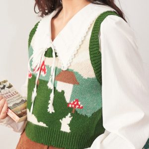 Mushroom Aesthetic Knit Vest - Y2K Style Cozy Layering Piece for Cute Outfits