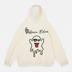 Naughty Ghost Print Y2K Hoodie - Cute Grunge Aesthetic Pullover for Spooky Vibes