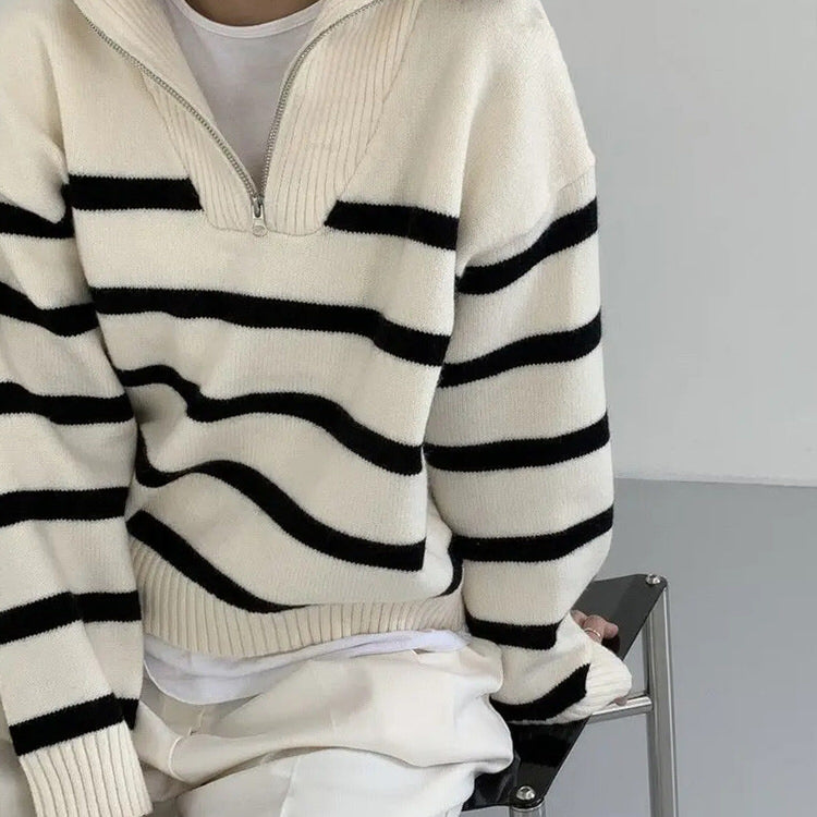 Old Money Striped Zip-Up Sweater - Y2K Aesthetic Cozy Layering Essential