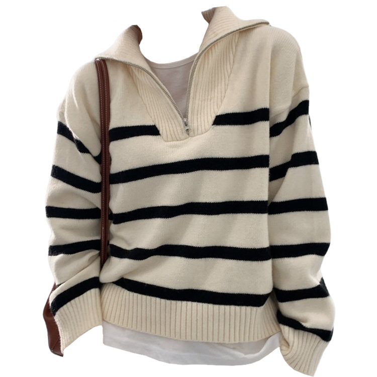 Old Money Striped Zip-Up Sweater - Y2K Aesthetic Cozy Layering Essential