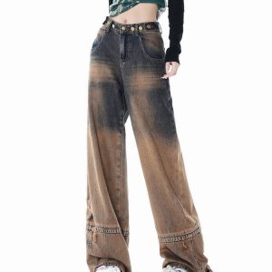 One Way Ticket Y2K Brown Aesthetic Jeans for Trendy Grunge and Coquette Styles