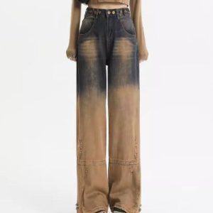 One Way Ticket Y2K Brown Aesthetic Jeans for Trendy Grunge and Coquette Styles