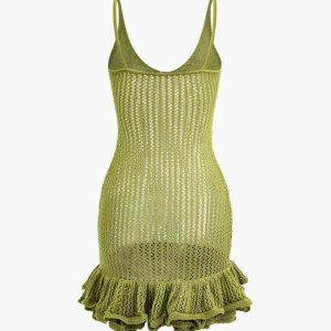 Open Knit Ruffle Hem Cami Mini Dress - Y2K Aesthetic Cute Dress for Coquette Style