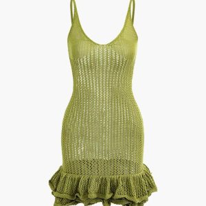 Open Knit Ruffle Hem Cami Mini Dress - Y2K Aesthetic Cute Dress for Coquette Style