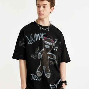 Oversized Y2K Music Bear Graphic Tee - Cute and Comfy Streetwear Top for Aesthetic Outfits