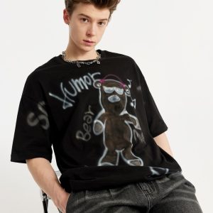 Oversized Y2K Music Bear Graphic Tee - Cute and Comfy Streetwear Top for Aesthetic Outfits