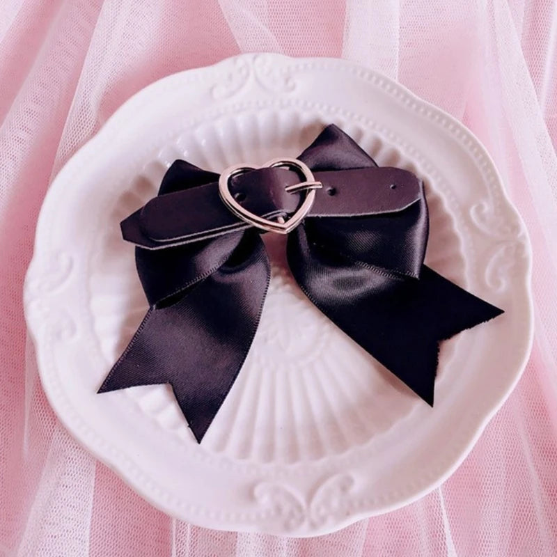 Pastel Goth Bow Hair Pins with Belted Detail - Y2K Aesthetic Accessories for Cute Styles