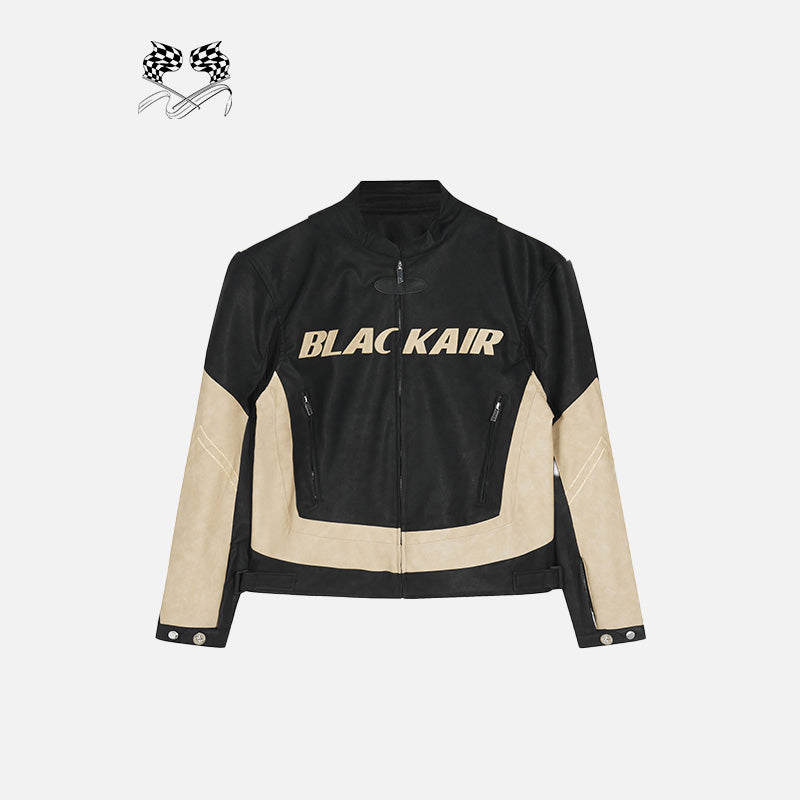 Patching Letter Black Leather Jacket - Y2K Grunge Style Outerwear for Aesthetic Outfits