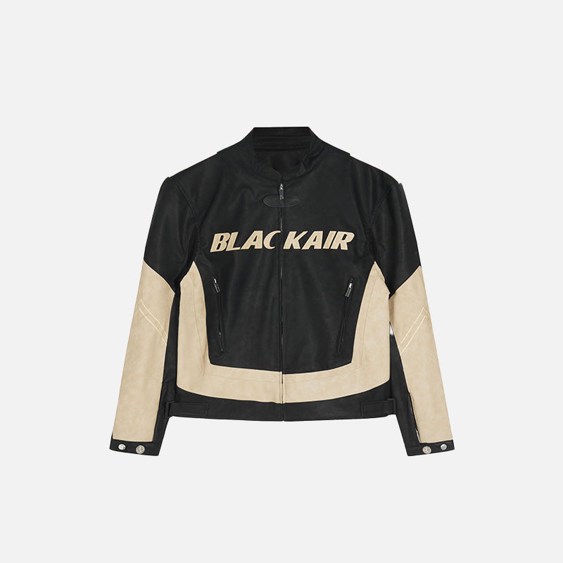 Patching Letter Black Leather Jacket - Y2K Grunge Style Outerwear for Aesthetic Outfits