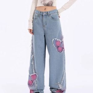 Pink Butterfly Y2K Wide Leg Jeans - Cute Pastel Aesthetic Denim for Trendy Outfits