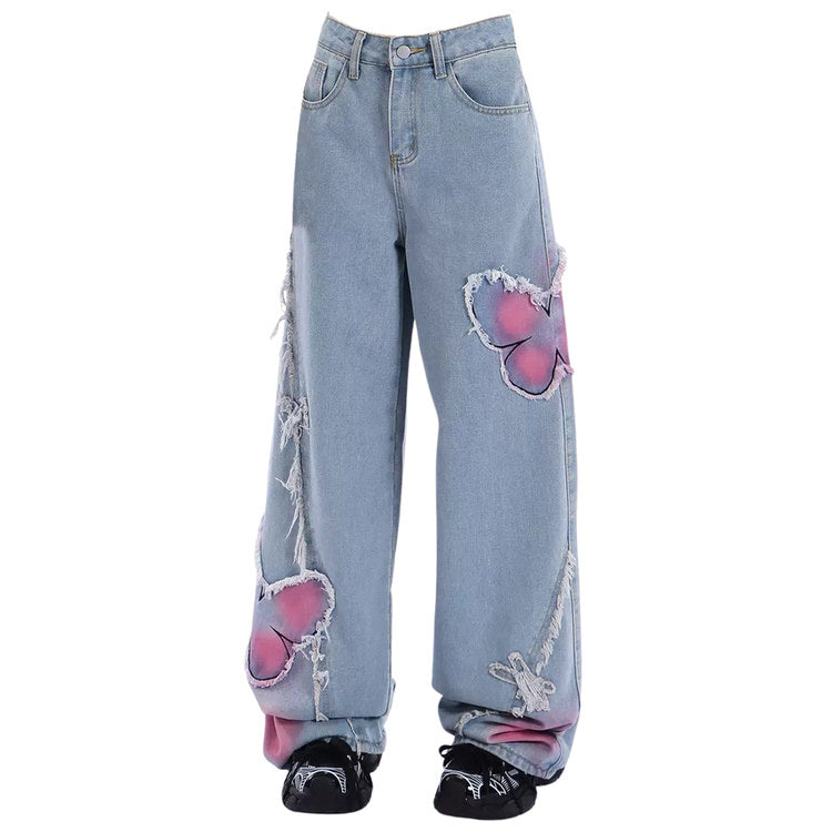 Pink Butterfly Y2K Wide Leg Jeans - Cute Pastel Aesthetic Denim for Trendy Outfits