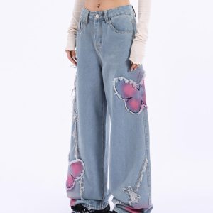 Pink Butterfly Y2K Wide Leg Jeans - Cute Pastel Aesthetic Denim for Trendy Outfits