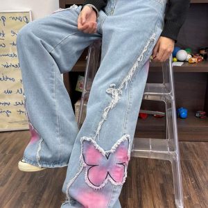 Pink Butterfly Y2K Wide Leg Jeans - Cute Pastel Aesthetic Denim for Trendy Outfits