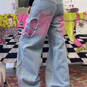 Pink Butterfly Y2K Wide Leg Jeans - Cute Pastel Aesthetic Denim for Trendy Outfits