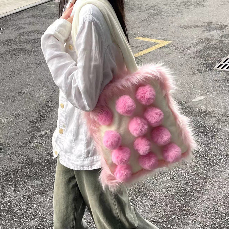 Pink Fluffy Pom Poms Bag - Cute Y2K Aesthetic Accessory for Coquette and Grunge Styles