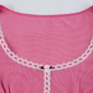 Pink Frill Lace Mini Top with Cute Long Sleeves for Y2K and Coquette Aesthetic Styles