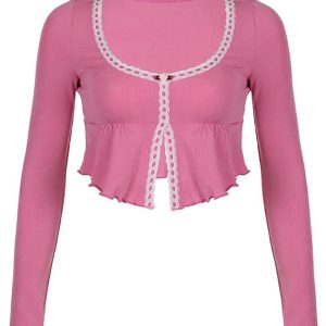 Pink Frill Lace Mini Top with Cute Long Sleeves for Y2K and Coquette Aesthetic Styles