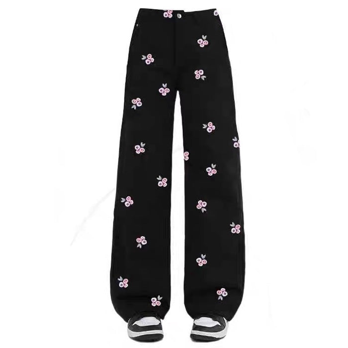 Pink Rose Embroidery Wide Leg Pants - Y2K Aesthetic Floral Trousers for Trendy Outfits