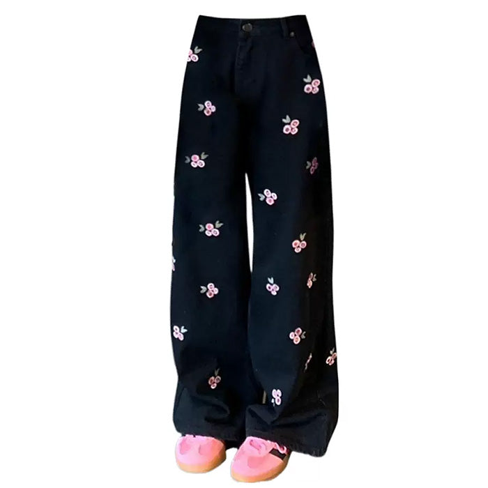 Pink Rose Embroidery Wide Leg Pants - Y2K Aesthetic Floral Trousers for Trendy Outfits