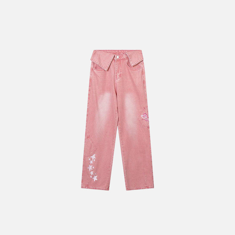 Pink Star Y2K Aesthetic Turned-Down Waist Jeans for Trendy Grunge and Coquette Outfits