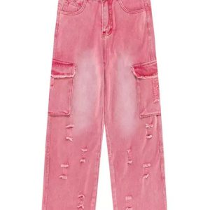 Pink Y2K Cargo Jeans: Trendy Grunge Style with a Coquette Aesthetic Twist