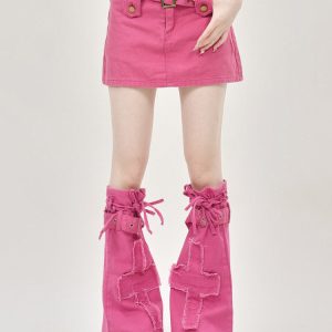 Pink Y2K Mini Skirt and Leg Warmers Set for Trendy Coquette Aesthetic Outfits