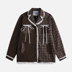 Plaid Lace Patchwork Jacket - Y2K Aesthetic Layering Piece for Coquette and Grunge Styles