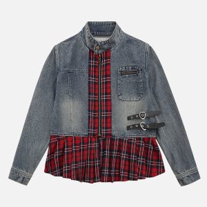 Plaid Patchwork Denim Jacket - Y2K Aesthetic Grunge Style Outerwear for Trendy Looks