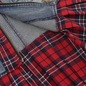 Plaid Patchwork Denim Jacket - Y2K Aesthetic Grunge Style Outerwear for Trendy Looks