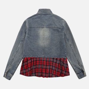 Plaid Patchwork Denim Jacket - Y2K Aesthetic Grunge Style Outerwear for Trendy Looks