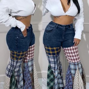 Plaid Patchwork Denim Jeans - Y2K Aesthetic Grunge Style for Trendy Outfits