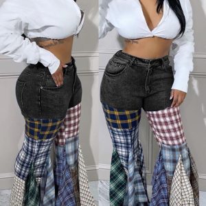 Plaid Patchwork Denim Jeans - Y2K Aesthetic Grunge Style for Trendy Outfits