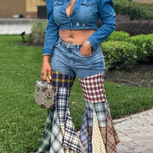 Plaid Patchwork Denim Jeans - Y2K Aesthetic Grunge Style for Trendy Outfits