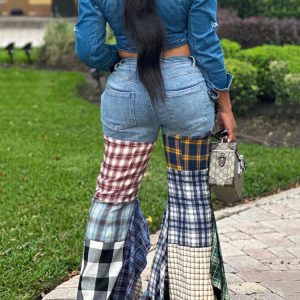 Plaid Patchwork Denim Jeans - Y2K Aesthetic Grunge Style for Trendy Outfits