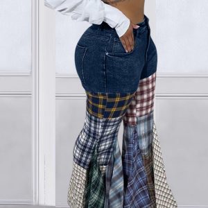 Plaid Patchwork Denim Jeans - Y2K Aesthetic Grunge Style for Trendy Outfits