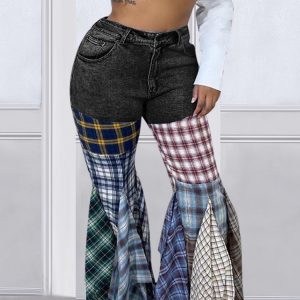 Plaid Patchwork Denim Jeans - Y2K Aesthetic Grunge Style for Trendy Outfits