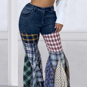 Plaid Patchwork Denim Jeans - Y2K Aesthetic Grunge Style for Trendy Outfits