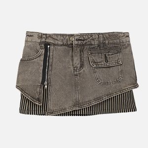 Plaid Patchwork Denim Skirt - Y2K Aesthetic Cargo Skirt for Trendy Coquette Style Outfits