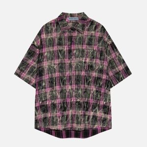 Plaid Texture Y2K Aesthetic Short Sleeve Shirt for Trendy Coquette Style Outfits