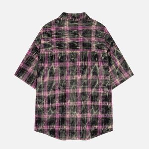 Plaid Texture Y2K Aesthetic Short Sleeve Shirt for Trendy Coquette Style Outfits